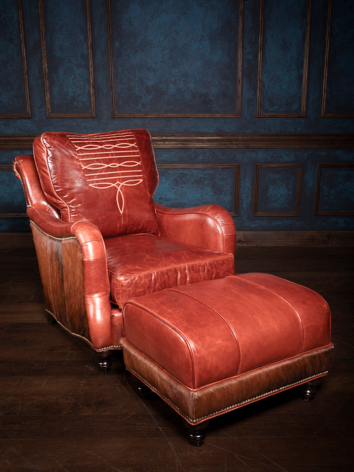 Amarillo Red Stitch Accent Chair & Ottoman with premium Mont Blanc leather and hair-on-hide accents, featuring bold boot stitch detailing