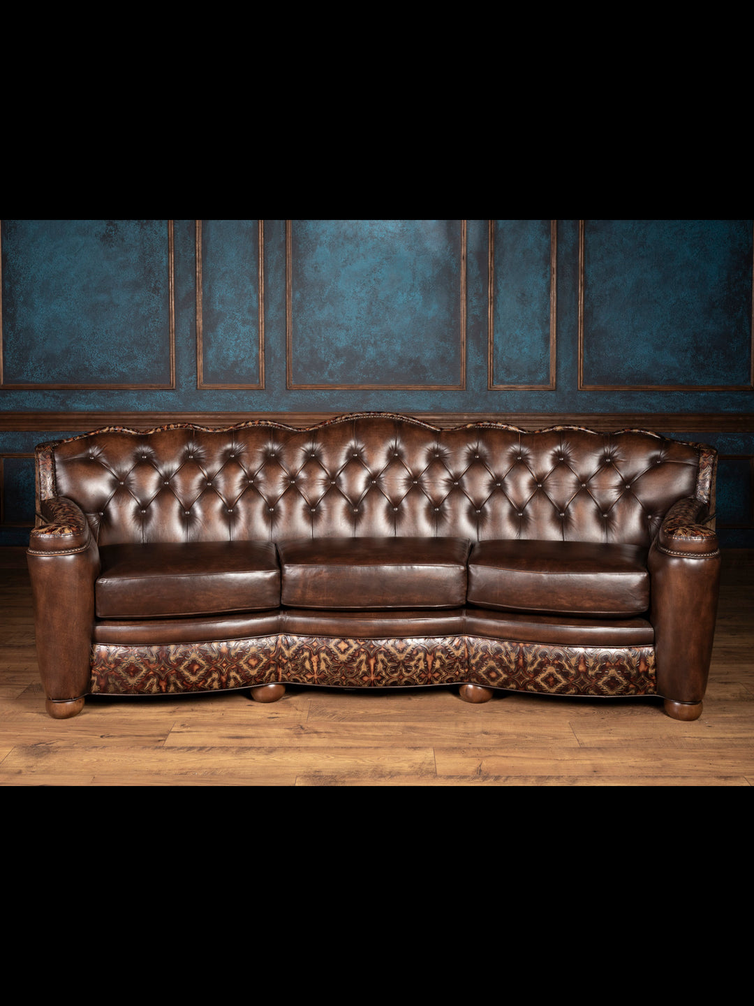 Burnished brown leather Utah sofa with tufted back and curved arms