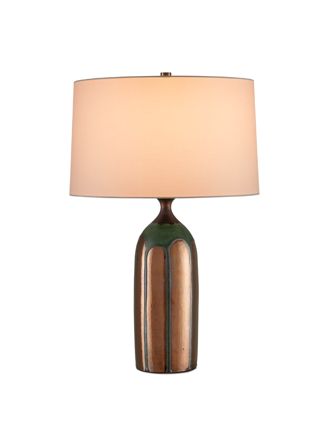 Table lamp with a ceramic base and beige shade on a white background