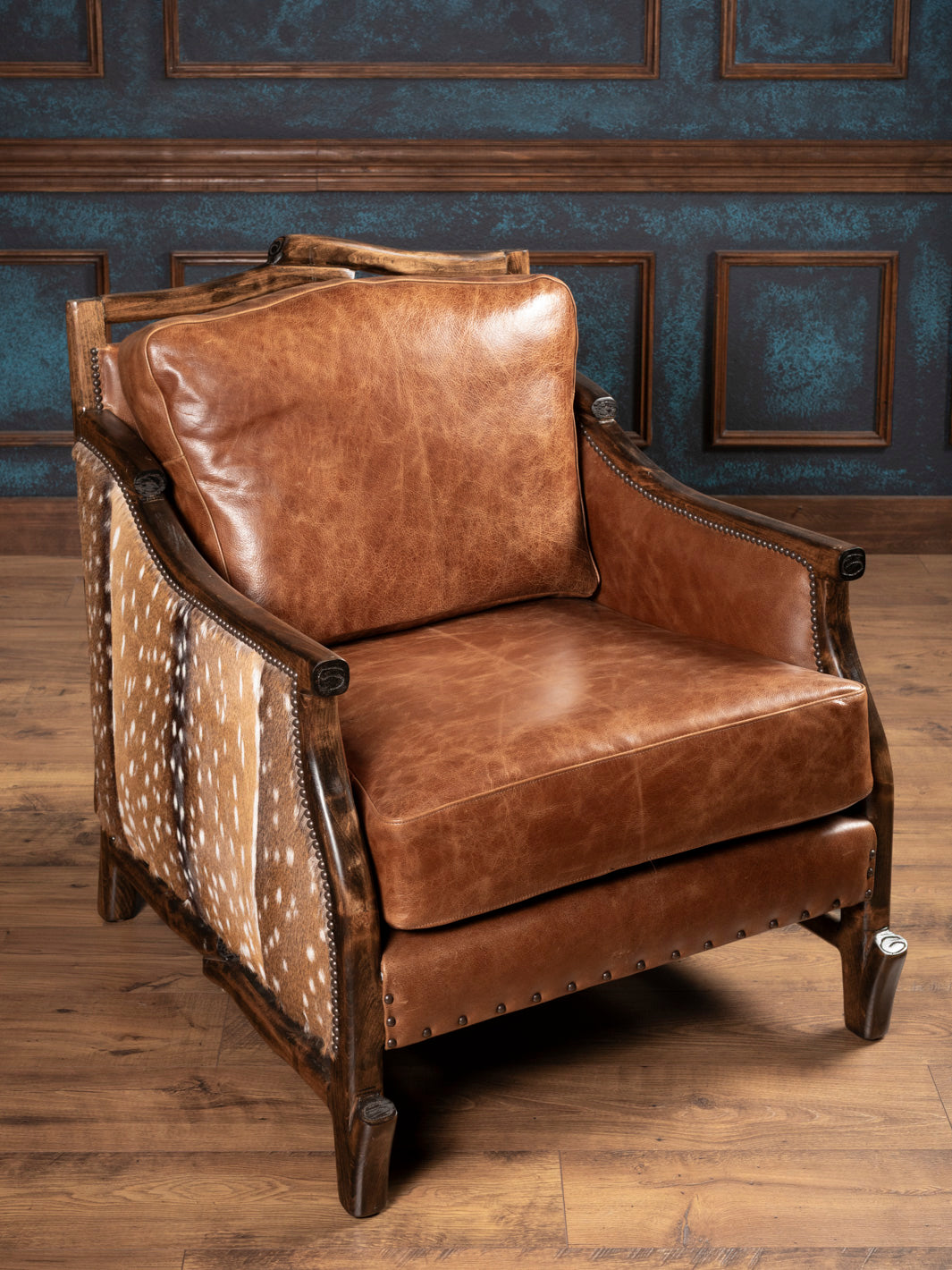 Frontier Axis Hide & Leather Log Armchair with top grain leather and rustic log frame