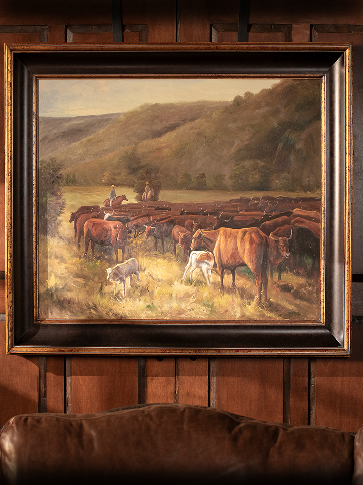 Hill Country Herd – Hand-Painted Western Cattle Drive Framed Canvas Art