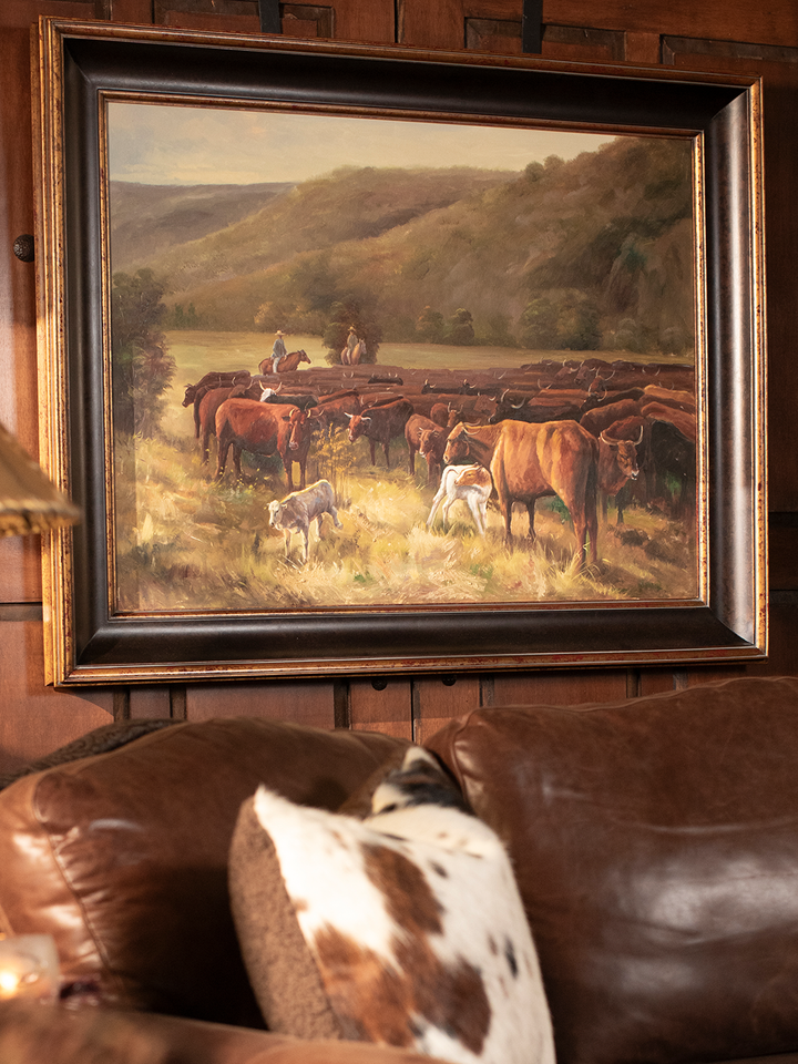 Hill Country Herd – Hand-Painted Western Cattle Drive Framed Canvas Art