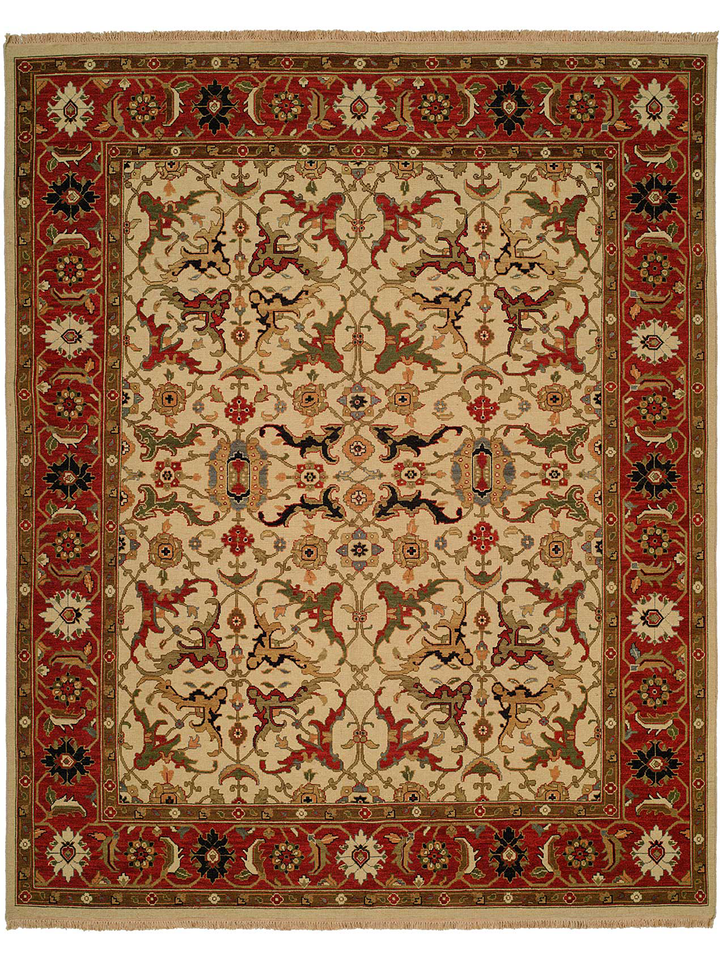 Hand-knotted ivory and red wool rug with traditional floral and tribal motifs, reversible design, perfect for Western and rustic interiors