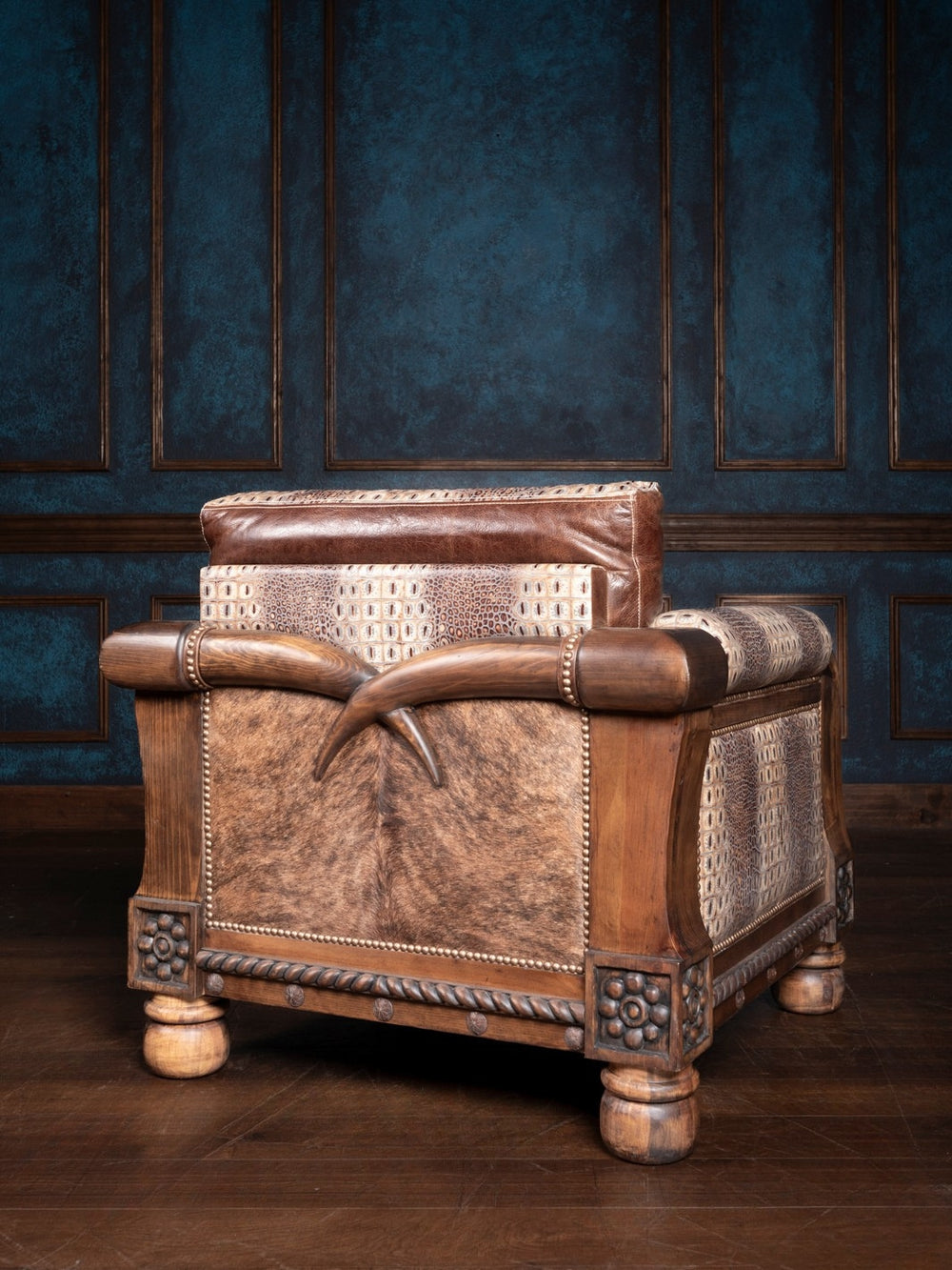 Back view of the Lone Star Stitch Leather Accent Chair, highlighting the decorative stitching on the leather and the elegant wooden frame with distinctive carving.