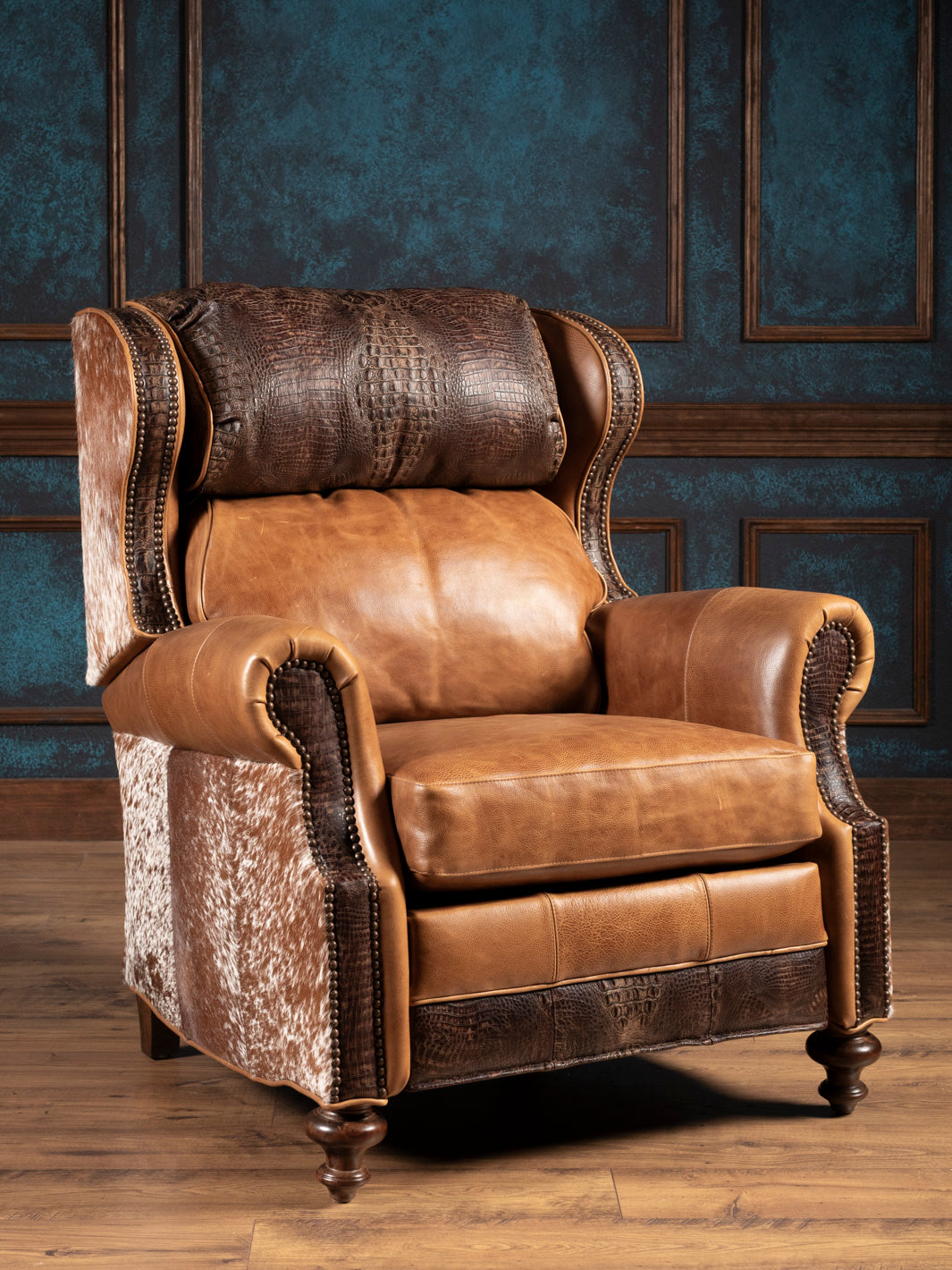 Full product image of Longhorn Leather Bronco Recliner featuring cowhide, crocodile-embossed leather, and full-grain saddle leather in Western style.