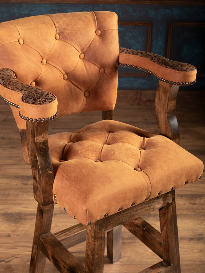 Close-up of ostrich leather bar stool tufted seat and backrest