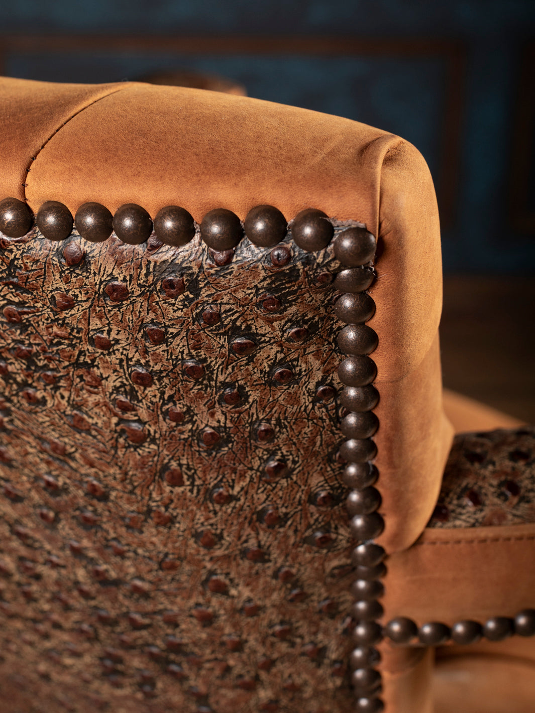 Close-up of backrest showing ostrich pattern leather and handcrafted trim