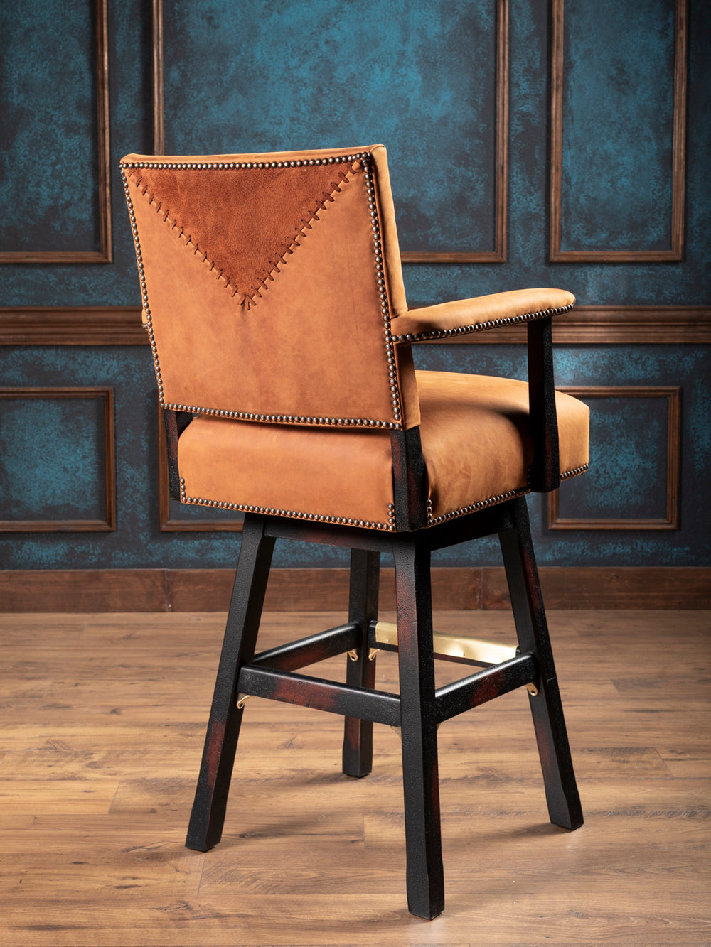 Rear view of Sedona Saddle Leather Bar Stool showing suede V-panel with hand-laced detailing