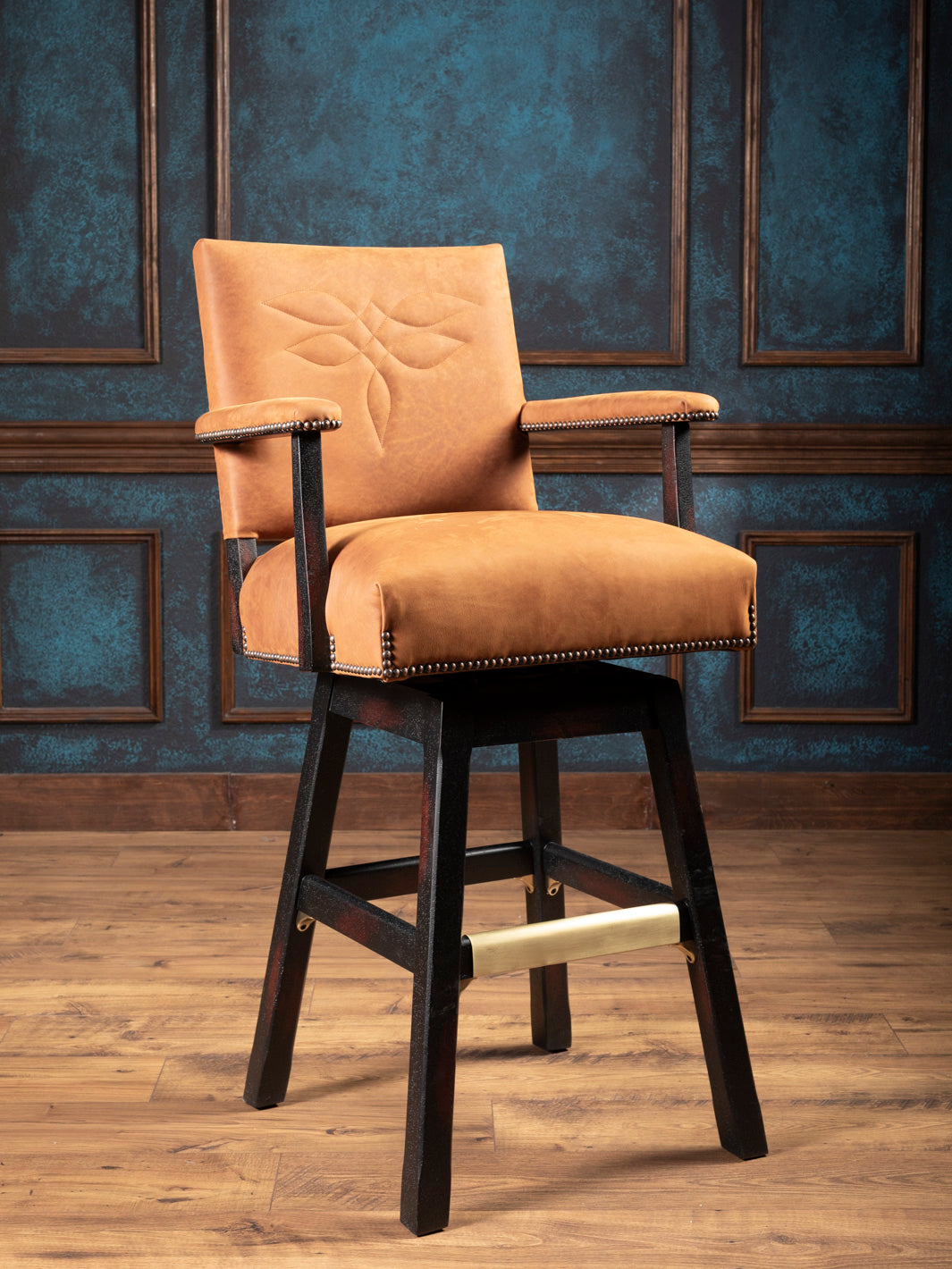 Full front view of handcrafted Sedona Saddle Leather Bar Stool with Western details