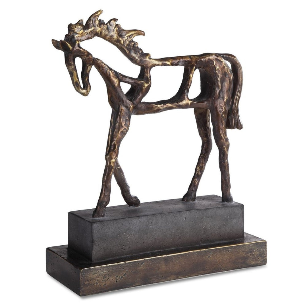 A bronze sculpture of a horse standing on a concrete inspired base.