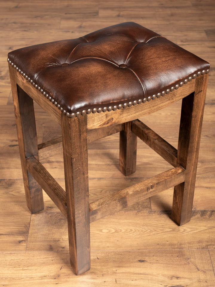 Tufted Brown Leather Saddle Stool