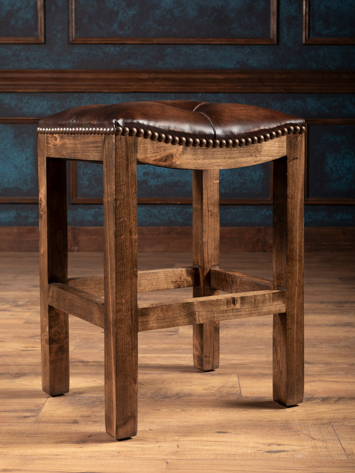 Tufted Brown Leather Saddle Stool