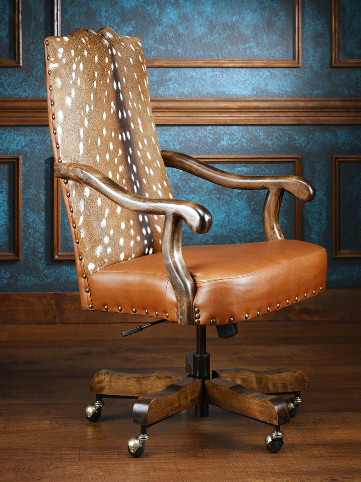 Whiskey Axis Hide Desk Chair with top-grain leather upholstery, wooden frame, and wheels, offering a sleek, contemporary design for comfortable seating.