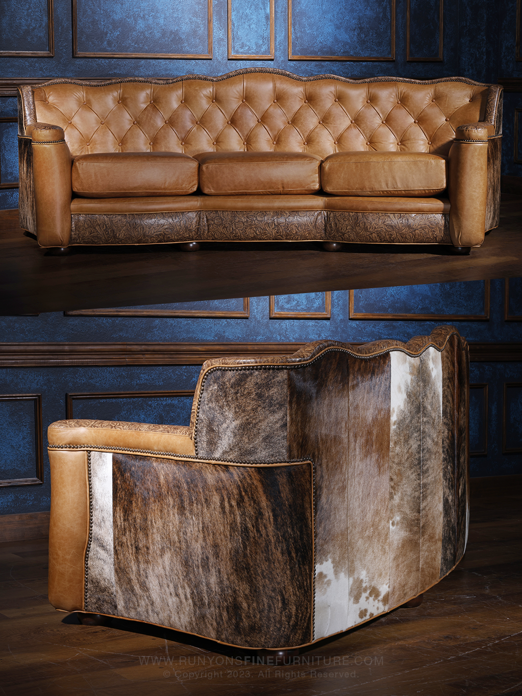 A tan leather sofa with tufted buttons and a hair on hide back, displayed in two different angles to show the design and texture of the leather.