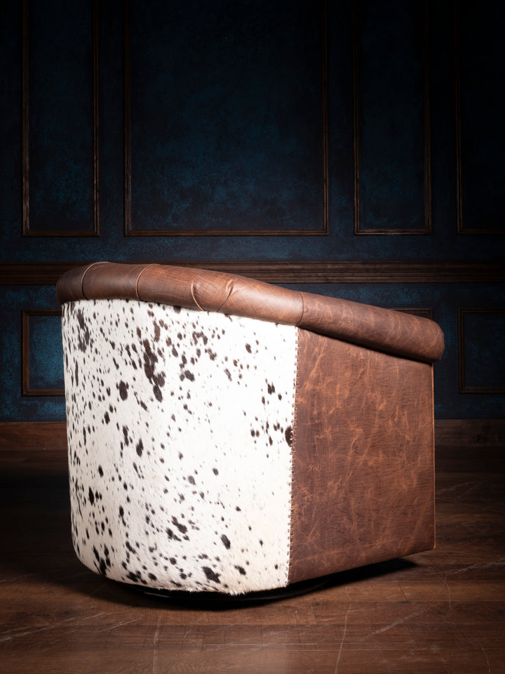 Comprehensive rear and side profile of the Bison Ridge leather chair, showcasing its blend of top-quality leather and unique hair-on-hide materials.
