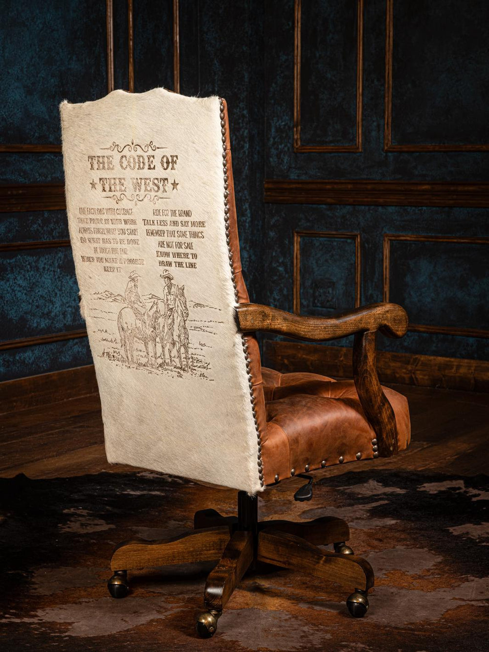 A leather desk chair with a cowboy-themed backrest design, featuring a wooden frame and wheels for mobility.