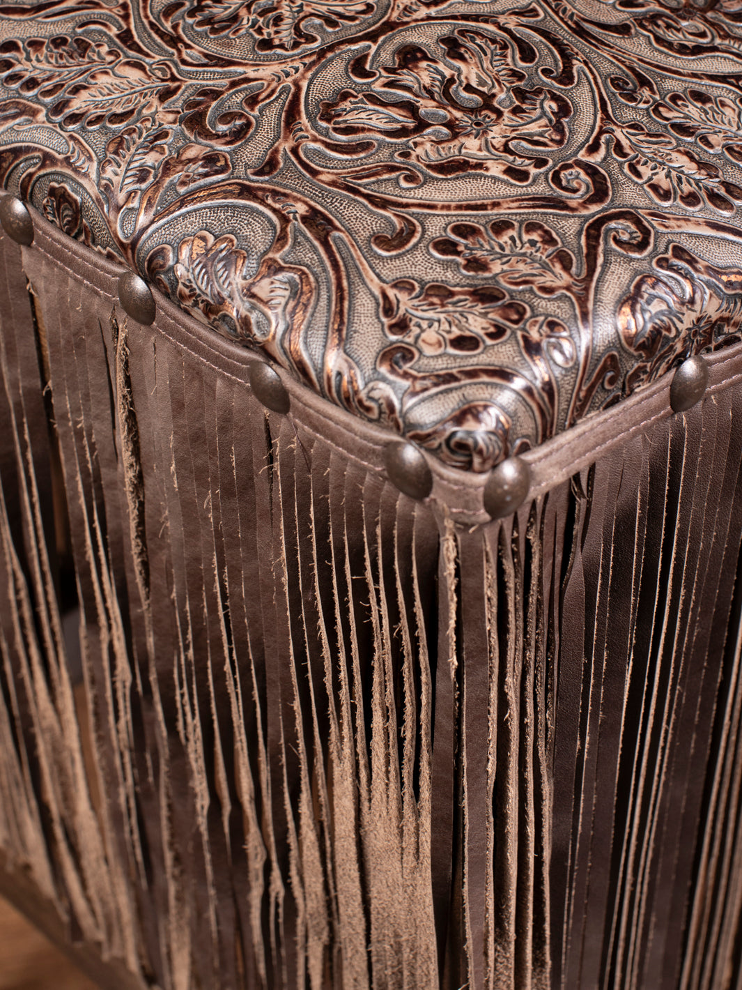 Cowboy Tooled Brown Copper Embossed Leather Saddle Stool