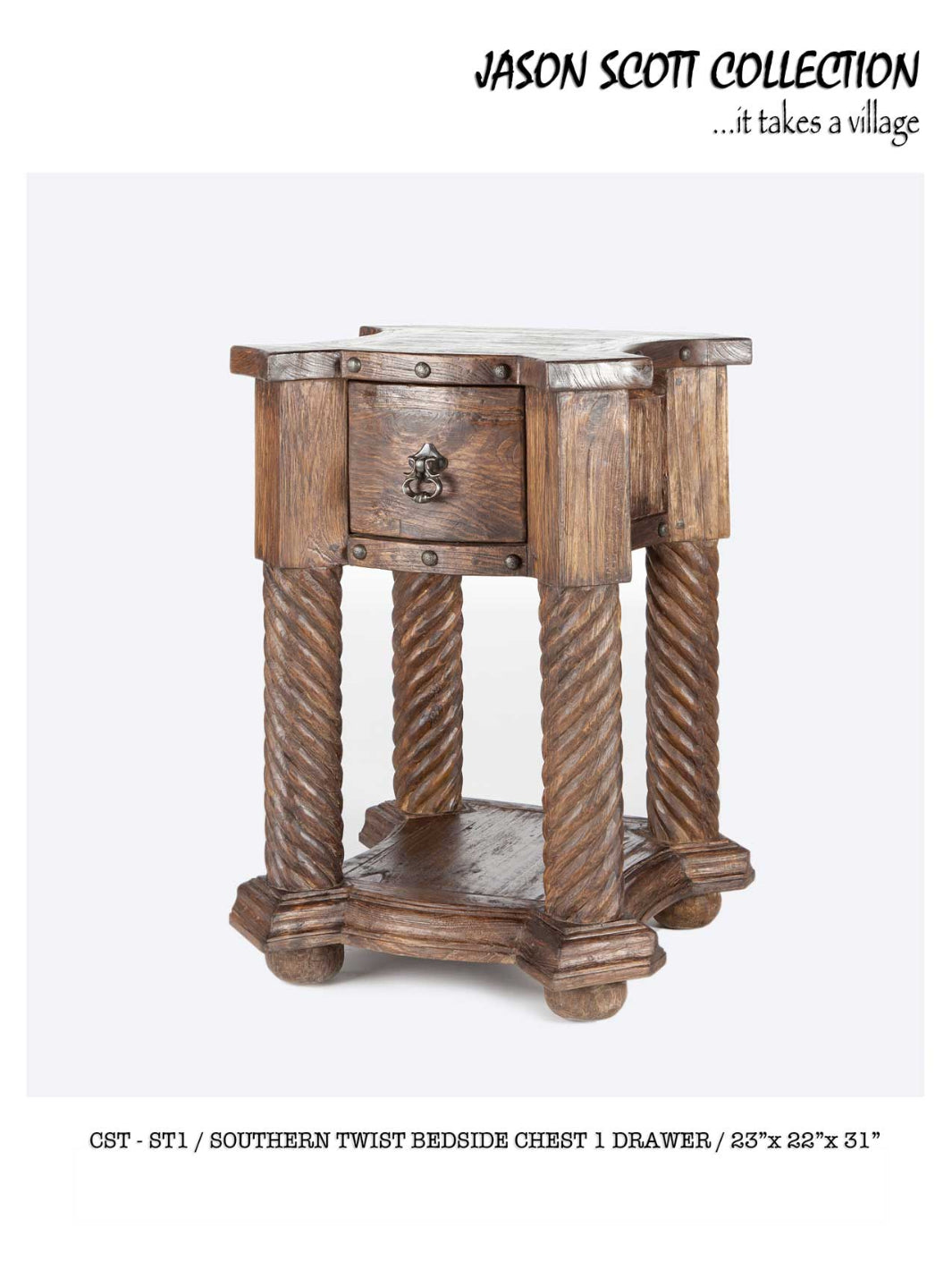 A wooden bedside chest with a twisted rope design on the sides and a single drawer, part of the Jason Scott Collection.
