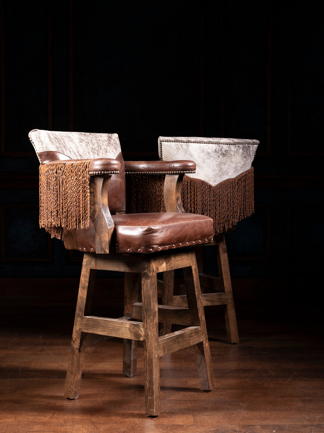 Dark Rum Fringe Leather Yoke Bar Stool