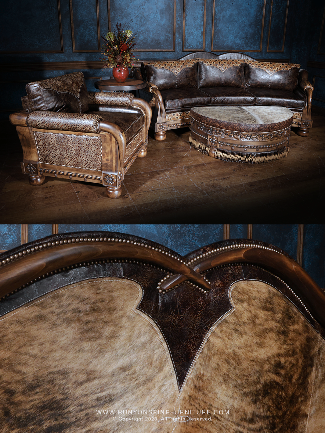 Rustic western-style living room set featuring a curved leather sofa with tooled leather detailing, matching armchair, and a fringed cowhide ottoman, all set against a dark blue paneled wall.