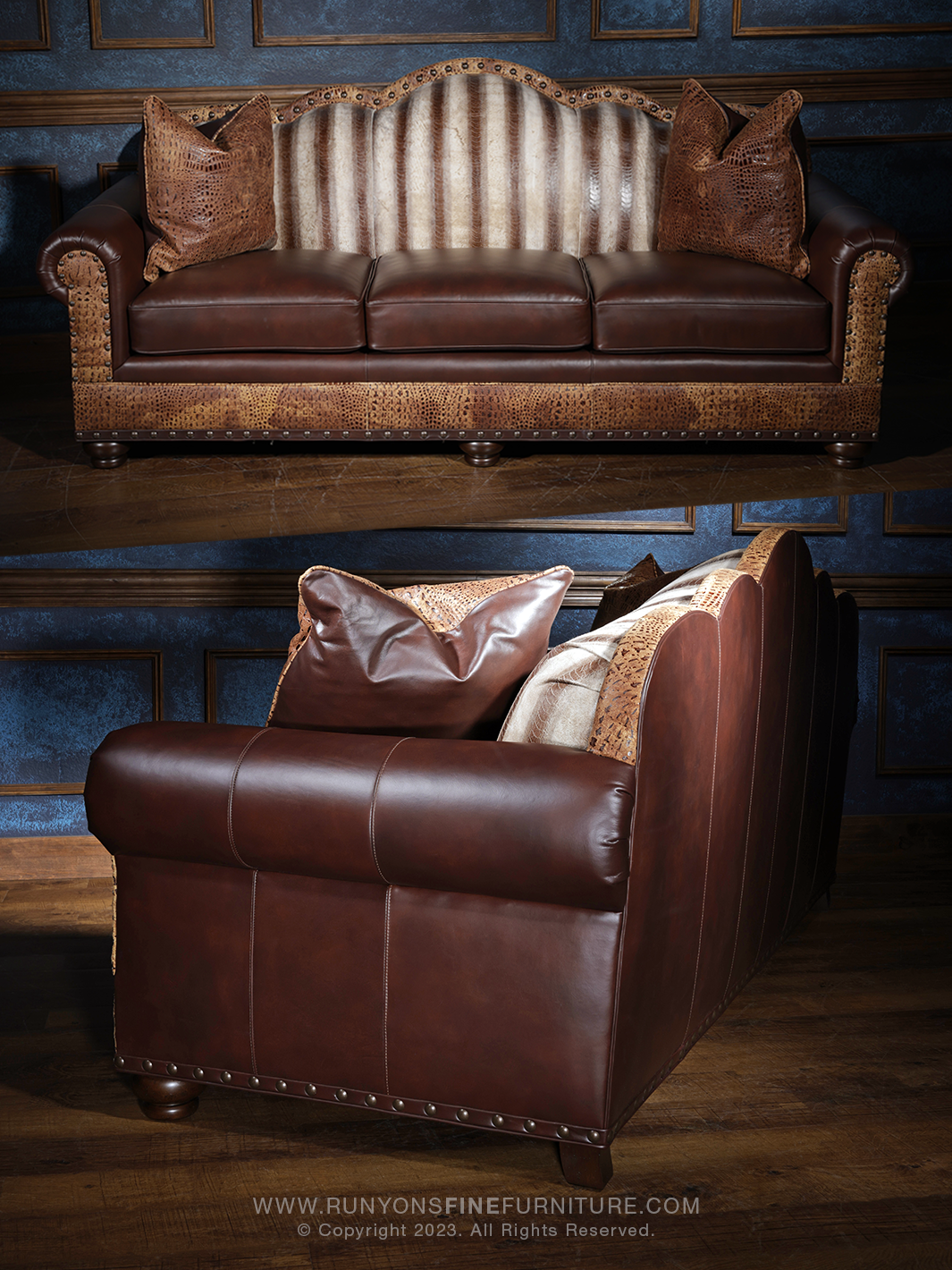 Full front and angled side view of a handcrafted western leather sofa showcasing a unique arched backrest, textured leather detailing, and contrasting exotic leather accents for a rustic luxury look.