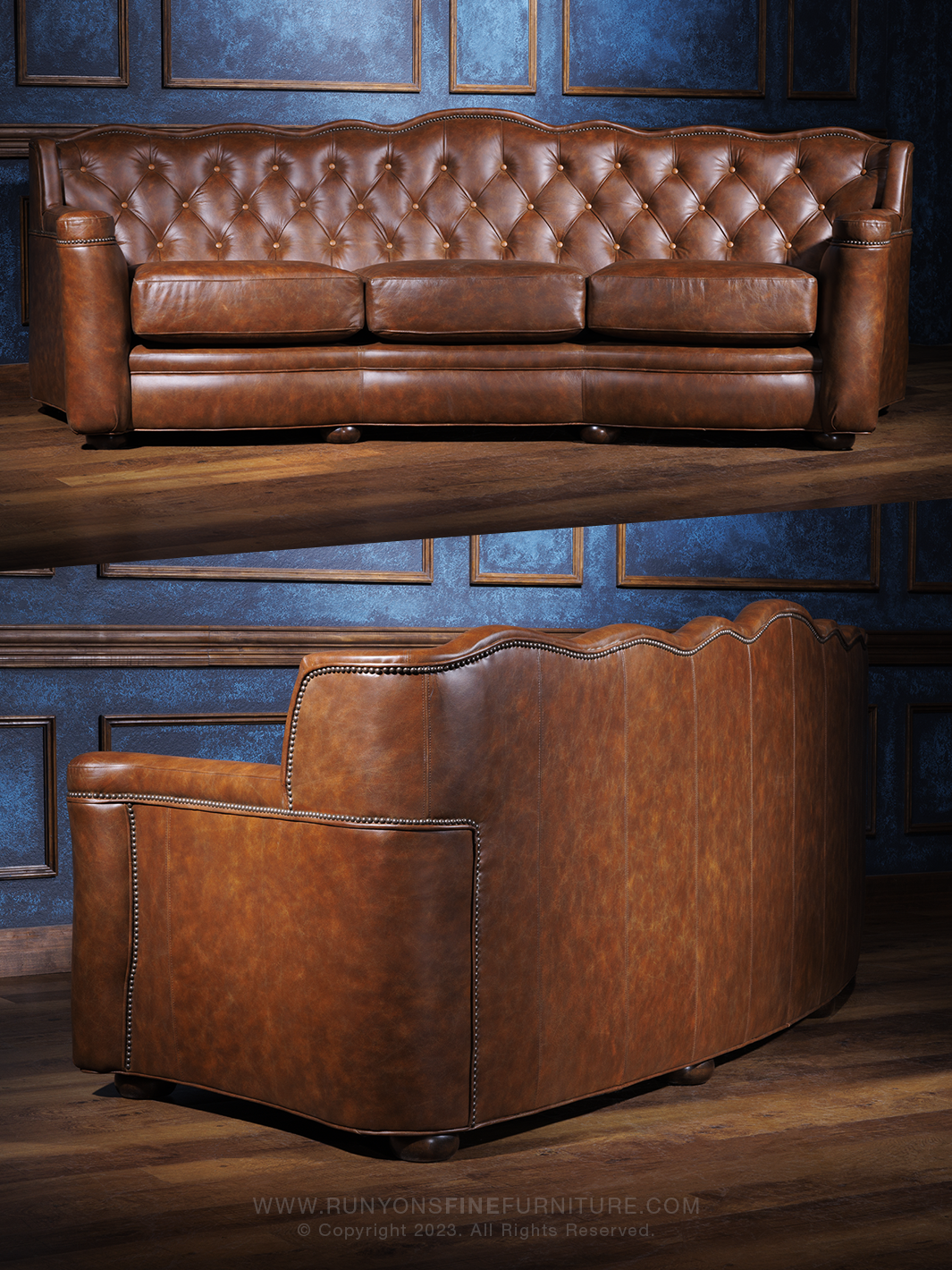 A hazelnut brown leather sofa with tufted buttons, displayed in a room with blue walls.