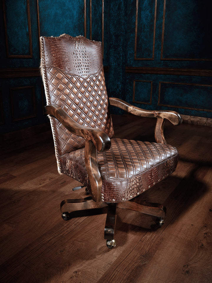 A brown leather desk chair with a geometric pattern, featuring wooden armrests and a rotating base, set against a blue background.