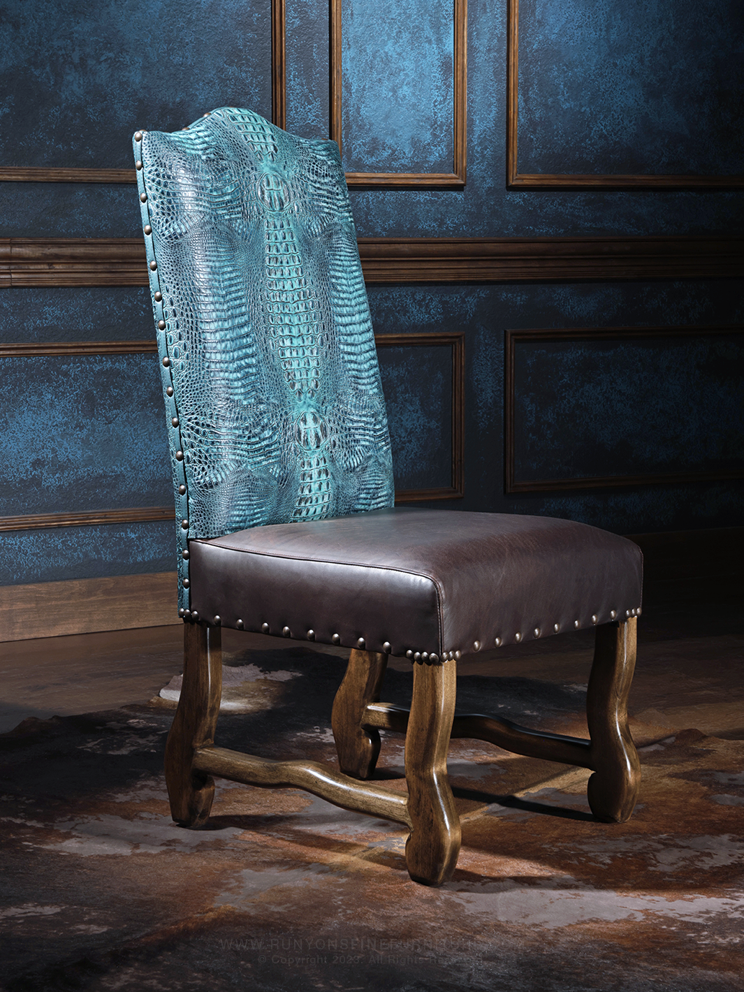 A luxurious leather dining chair with a dark brown seat and an embossed crocodile pattern on the backrest, featuring a wooden frame and studded detailing.