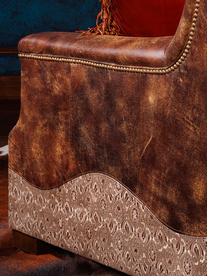 close view of leather on the side of western sofa with leather sides