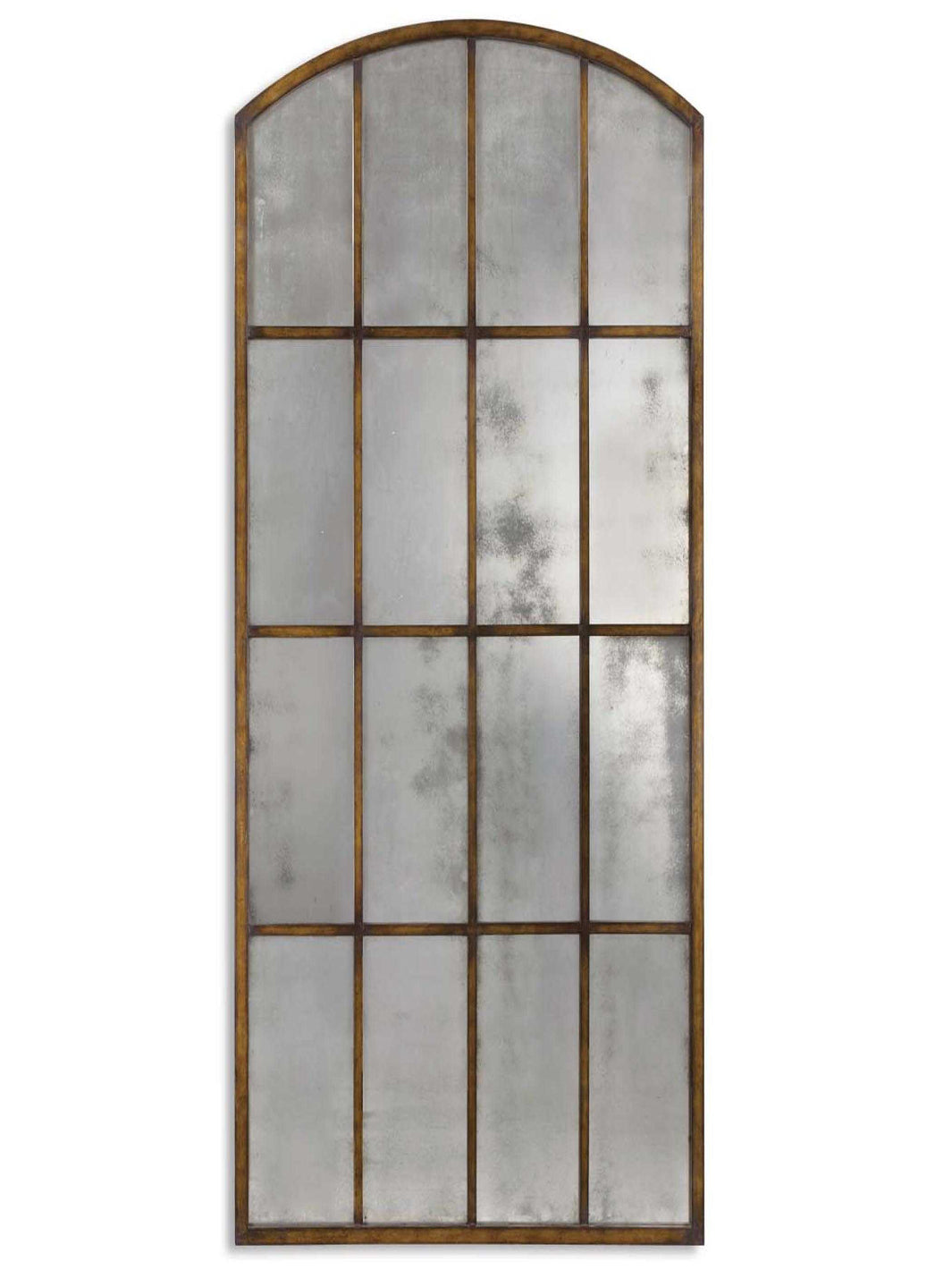 Decorative wall mirror with a grid design and gold frame on a white background