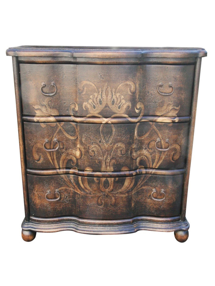 Decorative chest of drawers with intricate patterns on a white background