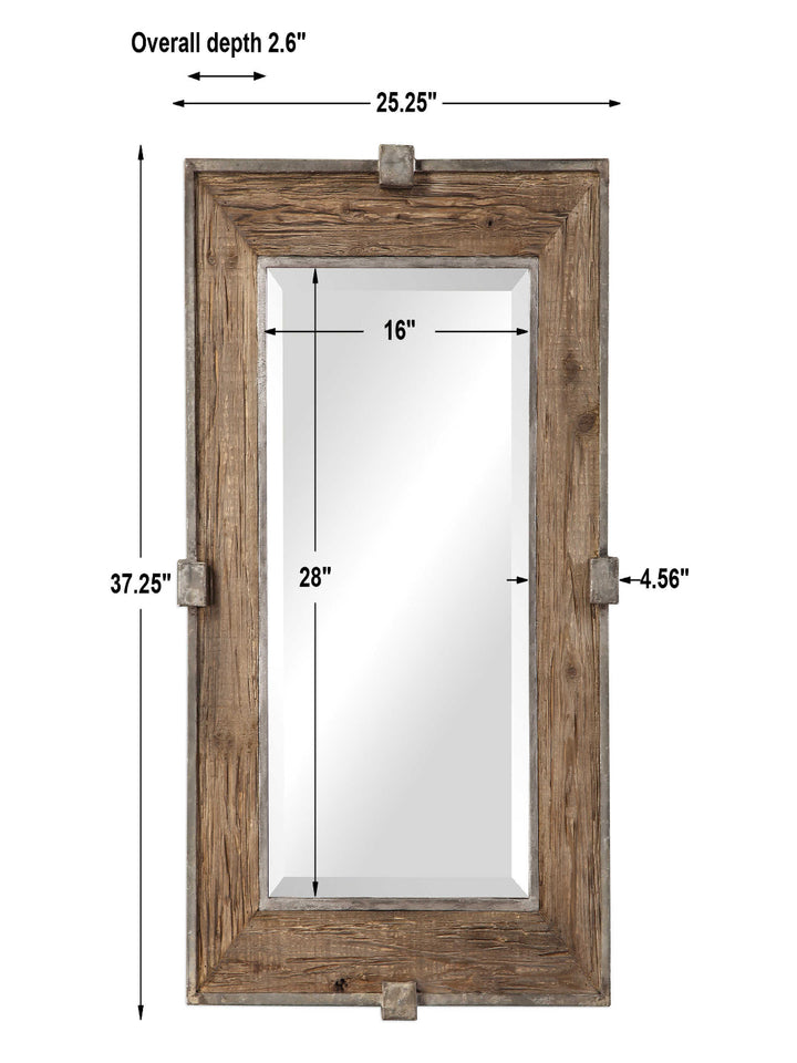 Wooden framed mirror with dimensions on a white background
