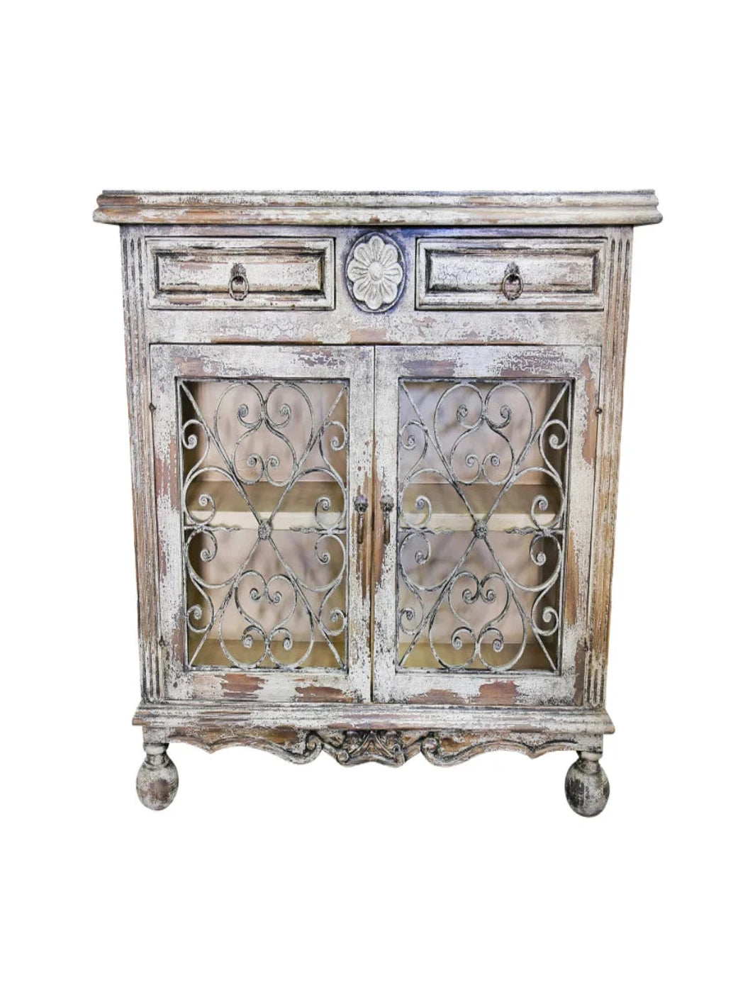 Vintage-style wooden cabinet with decorative metal doors on a white background