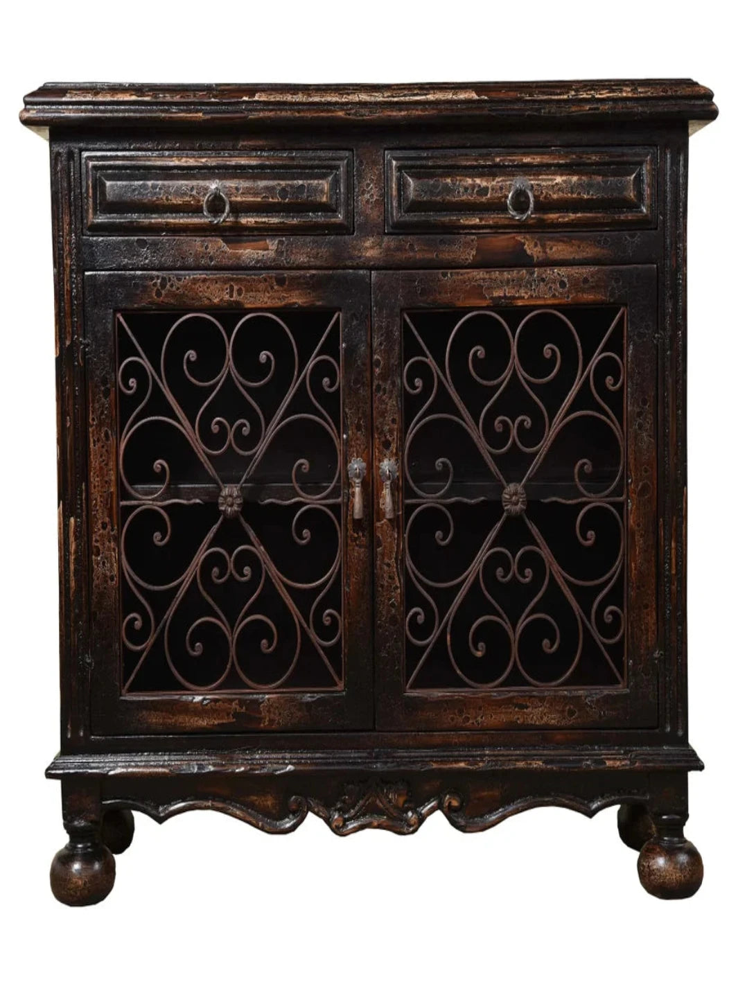 Dark wooden cabinet with wrought iron doors on a white background