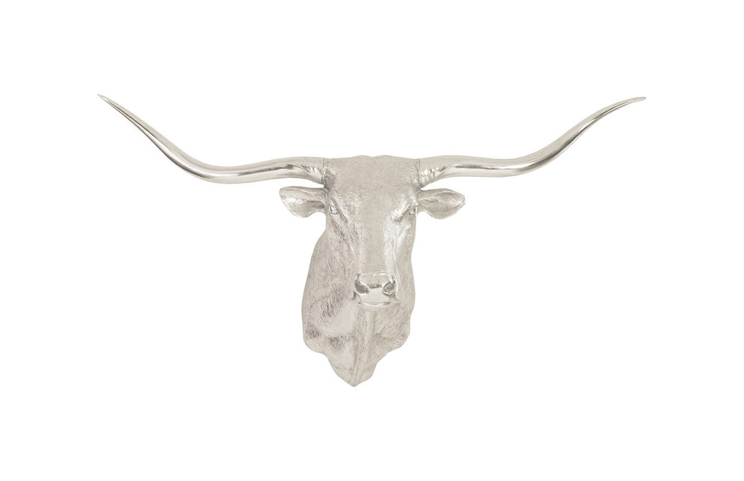A silver wall art sculpture of a longhorn bull's head, mounted on a white background.