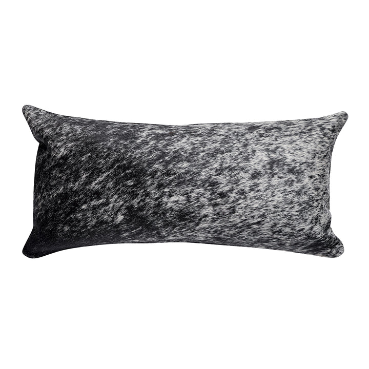 Lumbar pillow featuring a black and white speckled hair on hide pattern, creating a subtle and elegant texture across the surface.