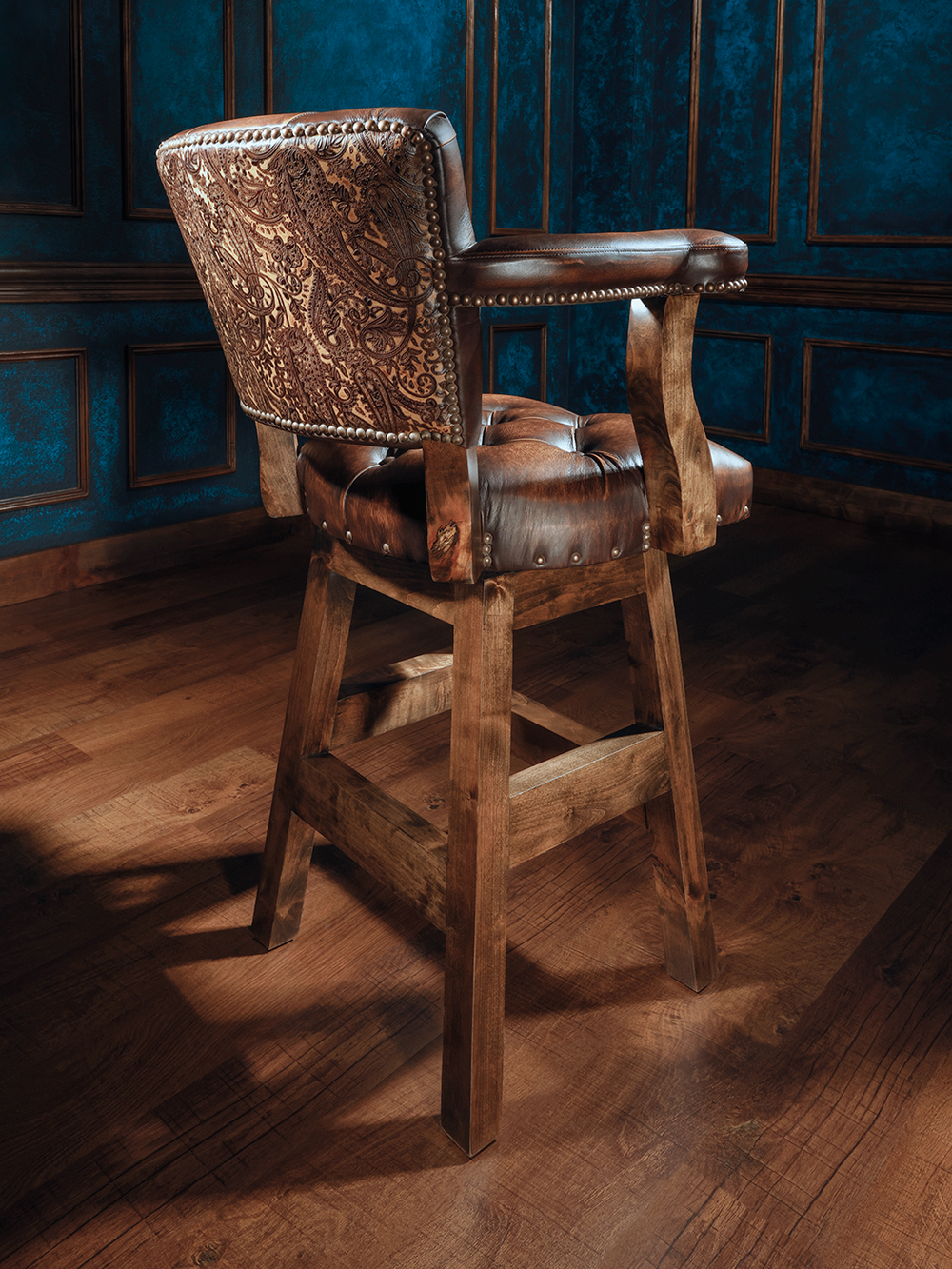 side and back view of adam western bar stool