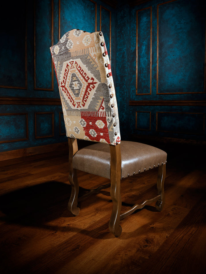 back view of Alamo southwestern style side chair, fabric design