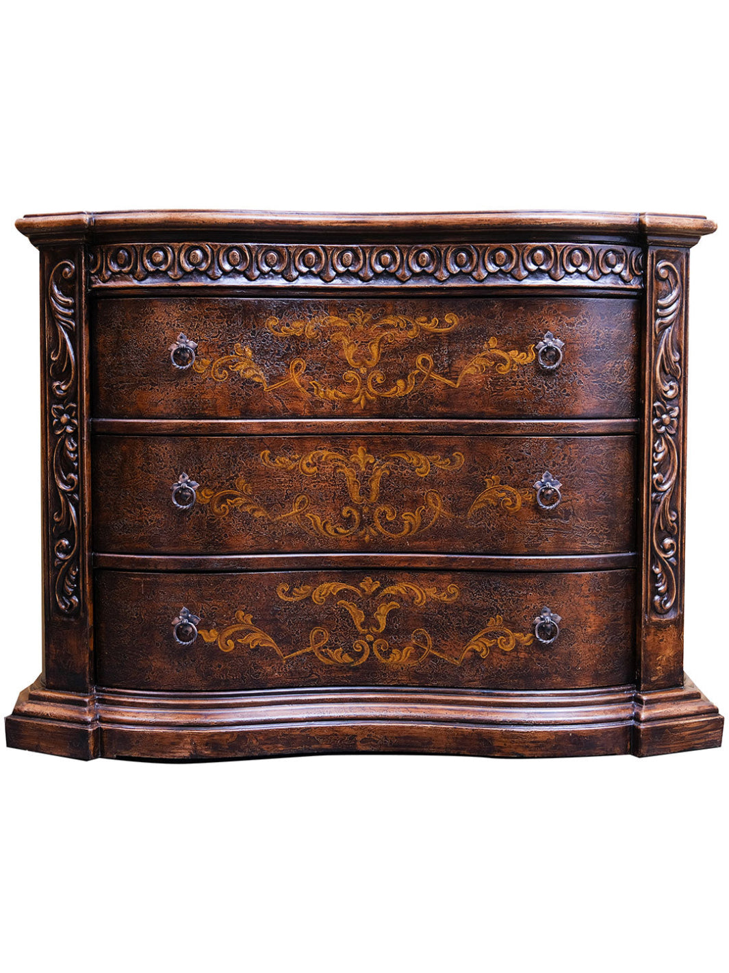 Antique-style wooden dresser with a rich, dark brown finish, intricate carvings, and a slightly curved front.
