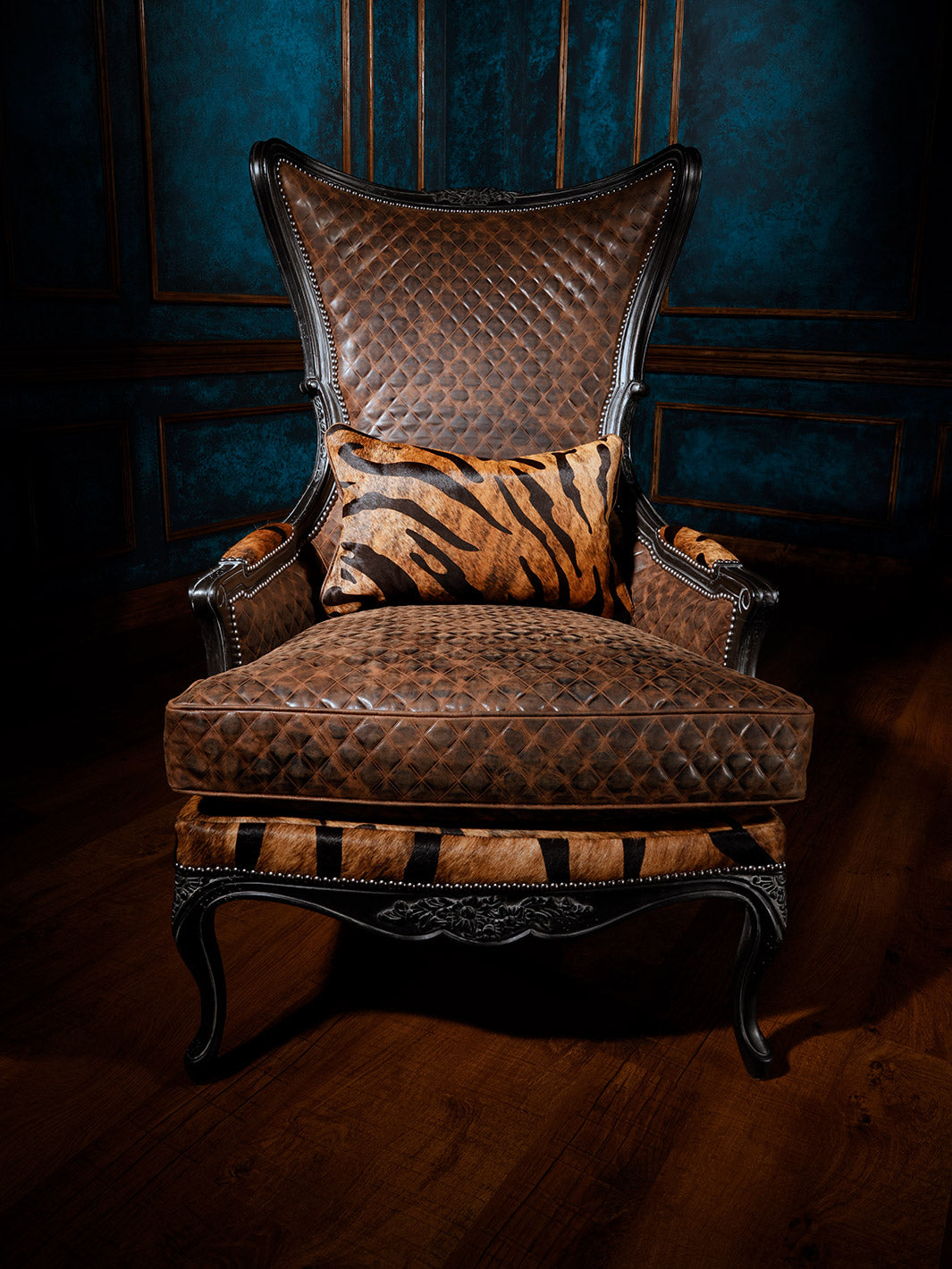 front view of leather/fabric accent chair with tiger stripe design
