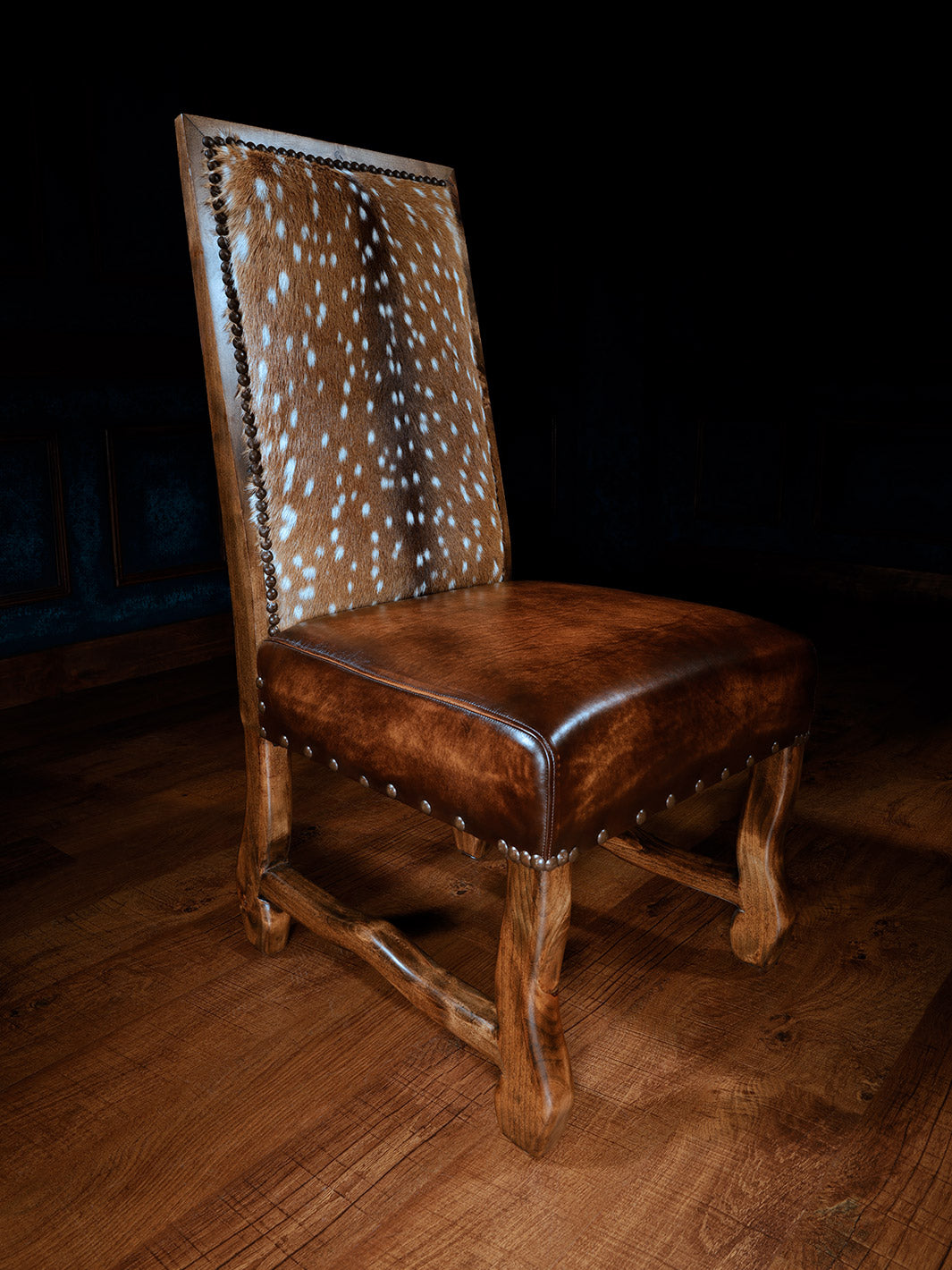 axis deer hide side chair with burnished leather seat