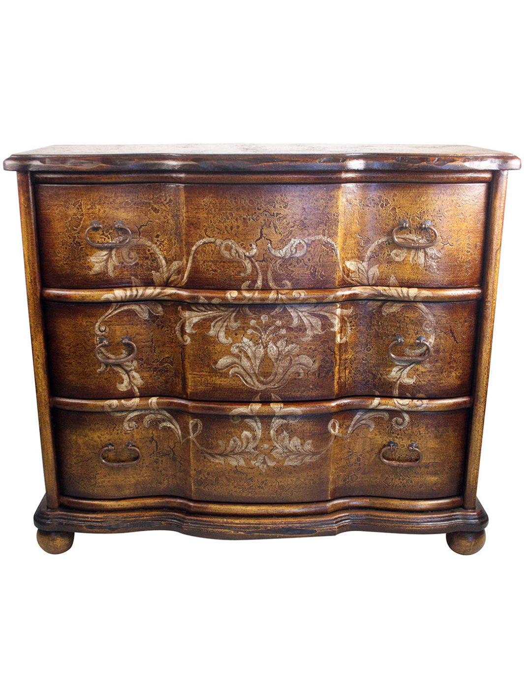 A wooden dresser with hand painted floral designs in gold and beige colors on a dark background.