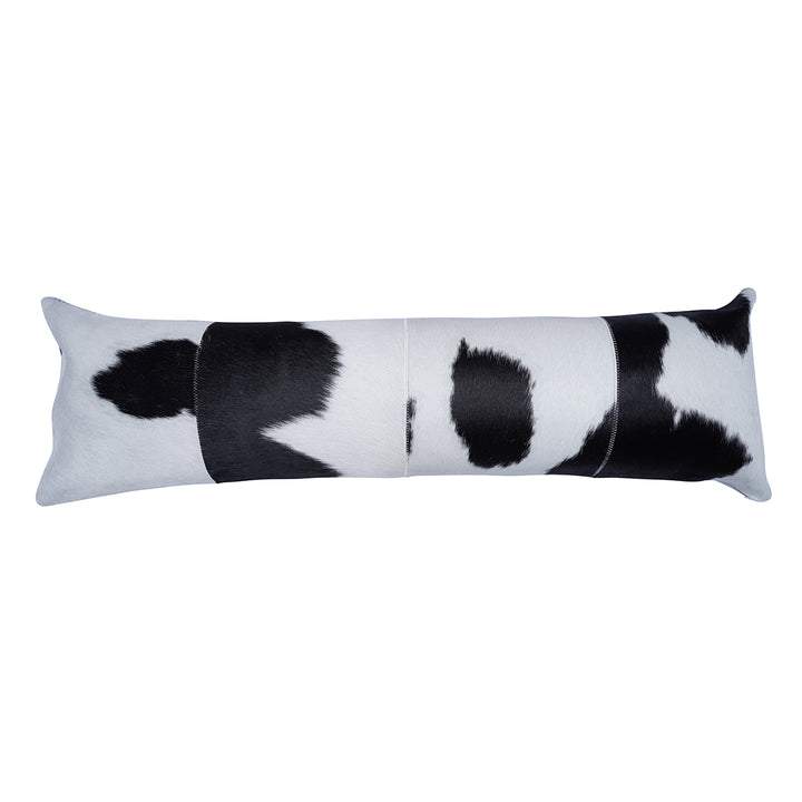 Large rectangular lumbar pillow with a black and white hair on hide patchwork design