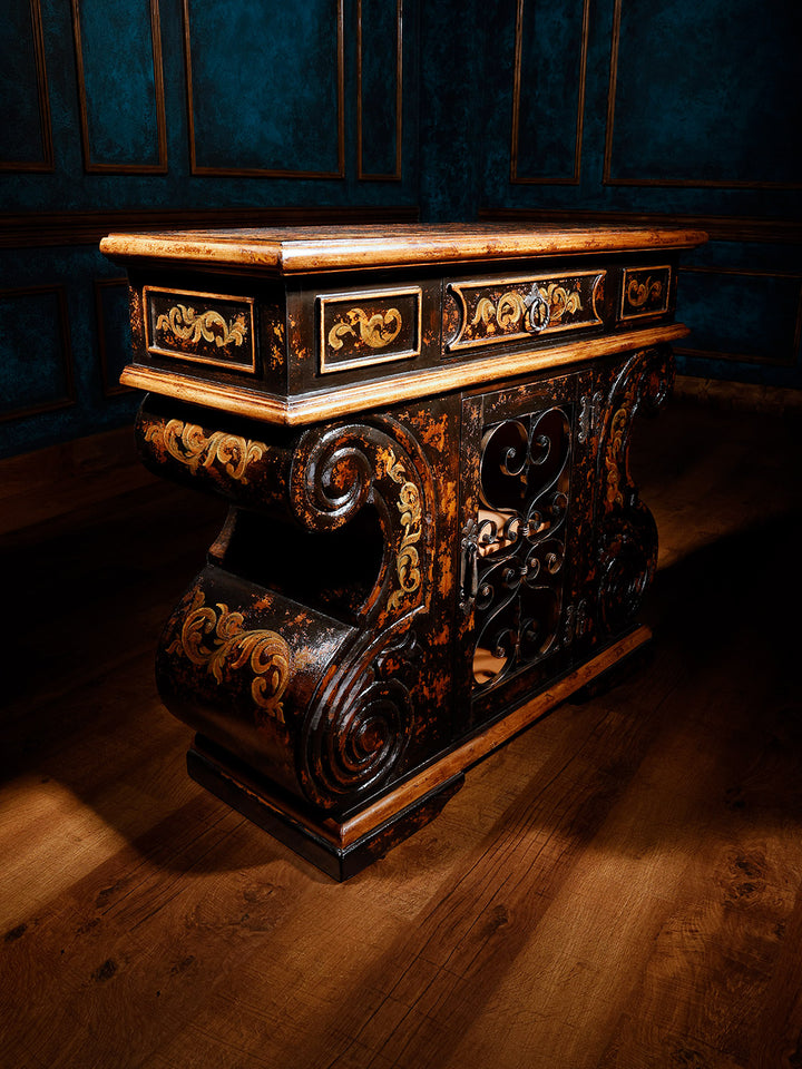 side view of dark brown wooden chest with iron