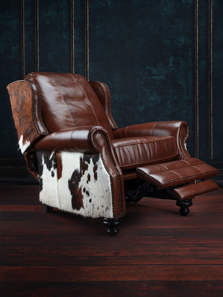 brown leather recliner with tri color cowhide
