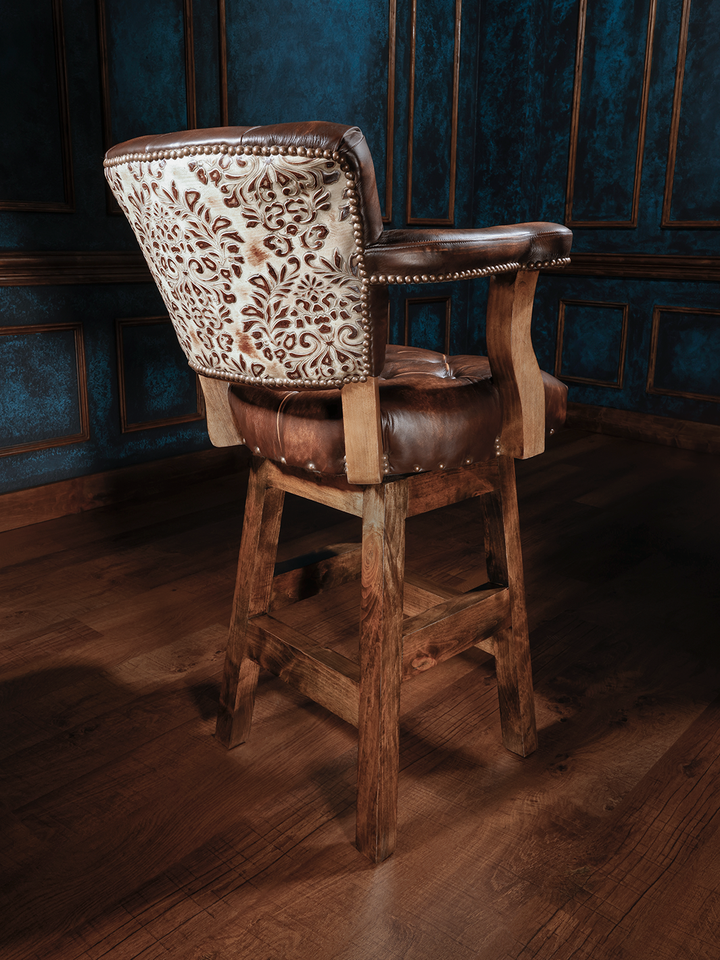 brown tooled leather western bar stool