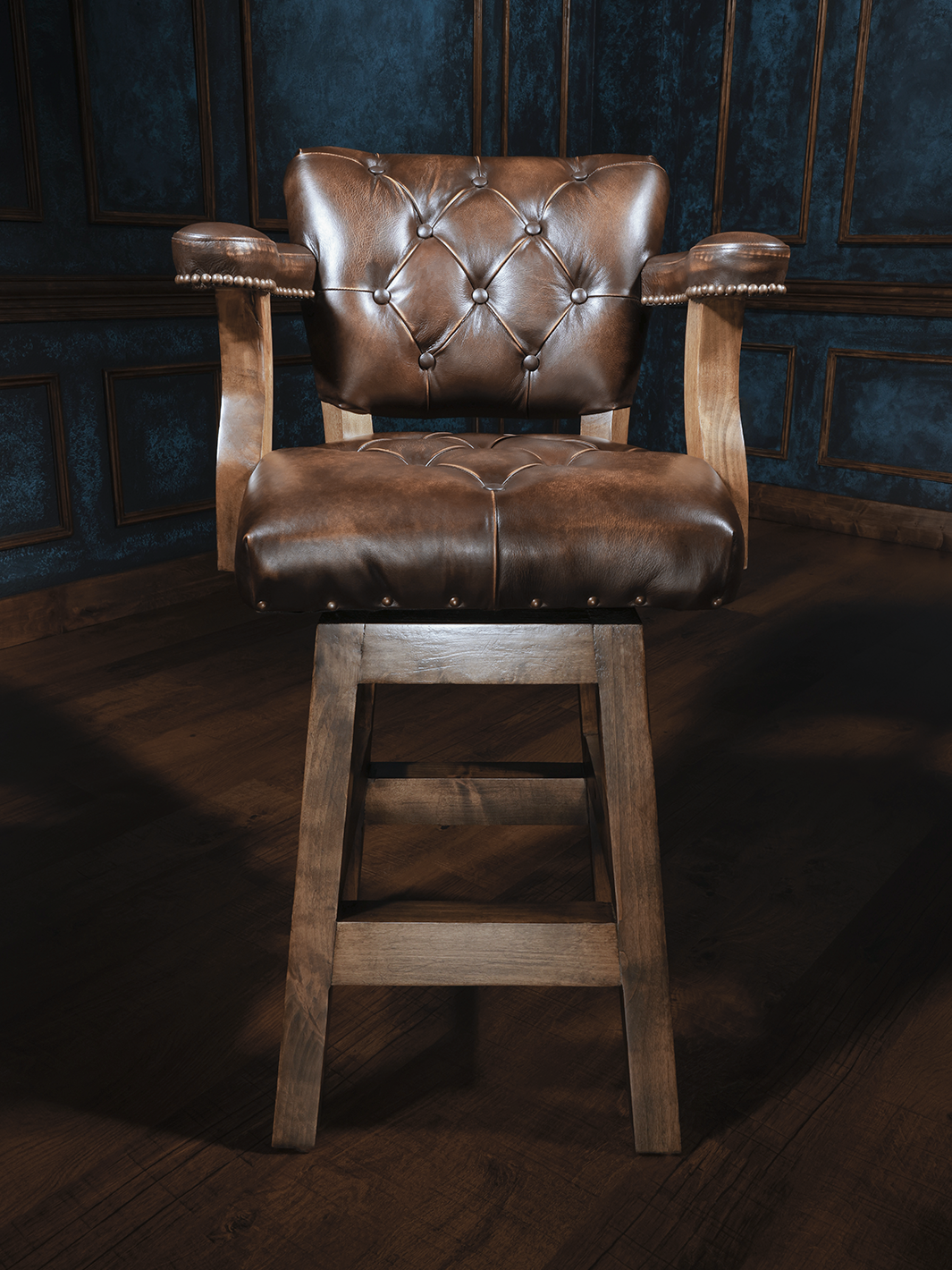 brown button tufted western leather barstool
