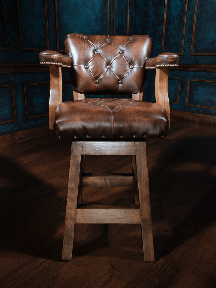brown button tufted western leather barstool