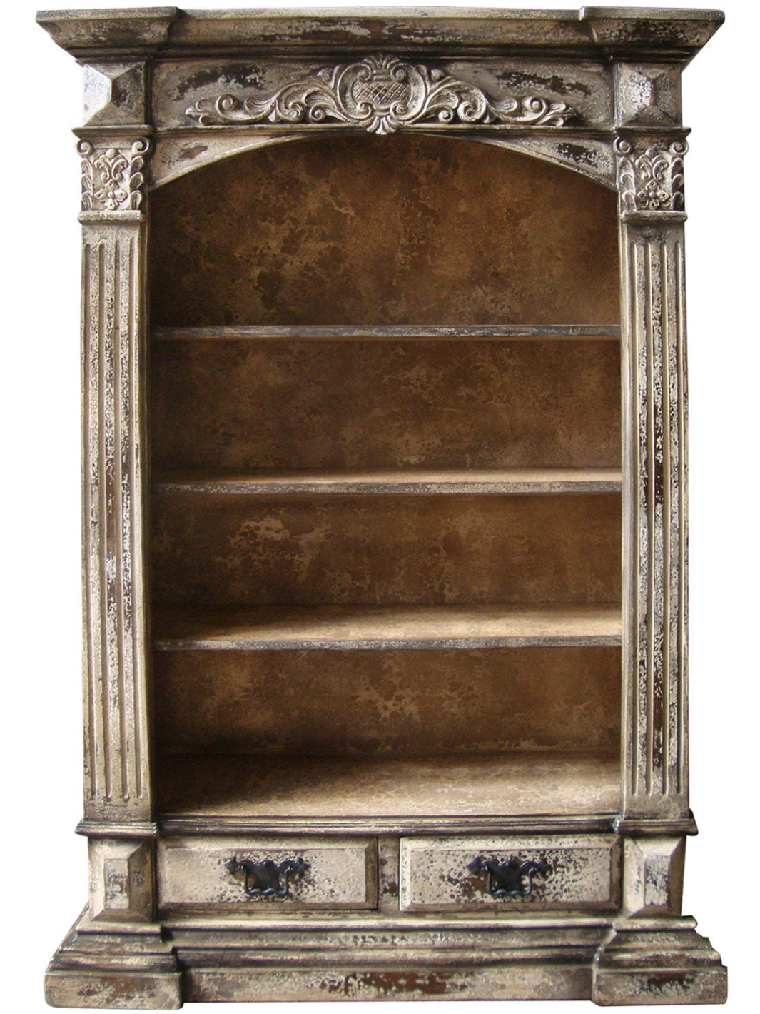 Decorative bookshelf with ornate detailing on a white background