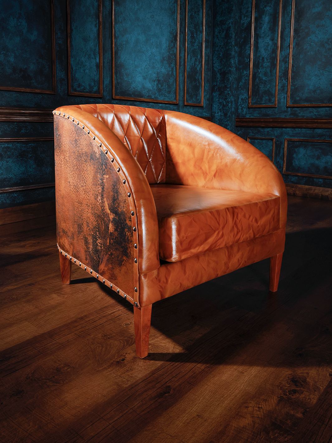 Side view of the Copper Canyon Accent Chair featuring smooth, rich brown leather with a diamond-quilted backrest and nailhead trim, adding a rustic yet refined look.